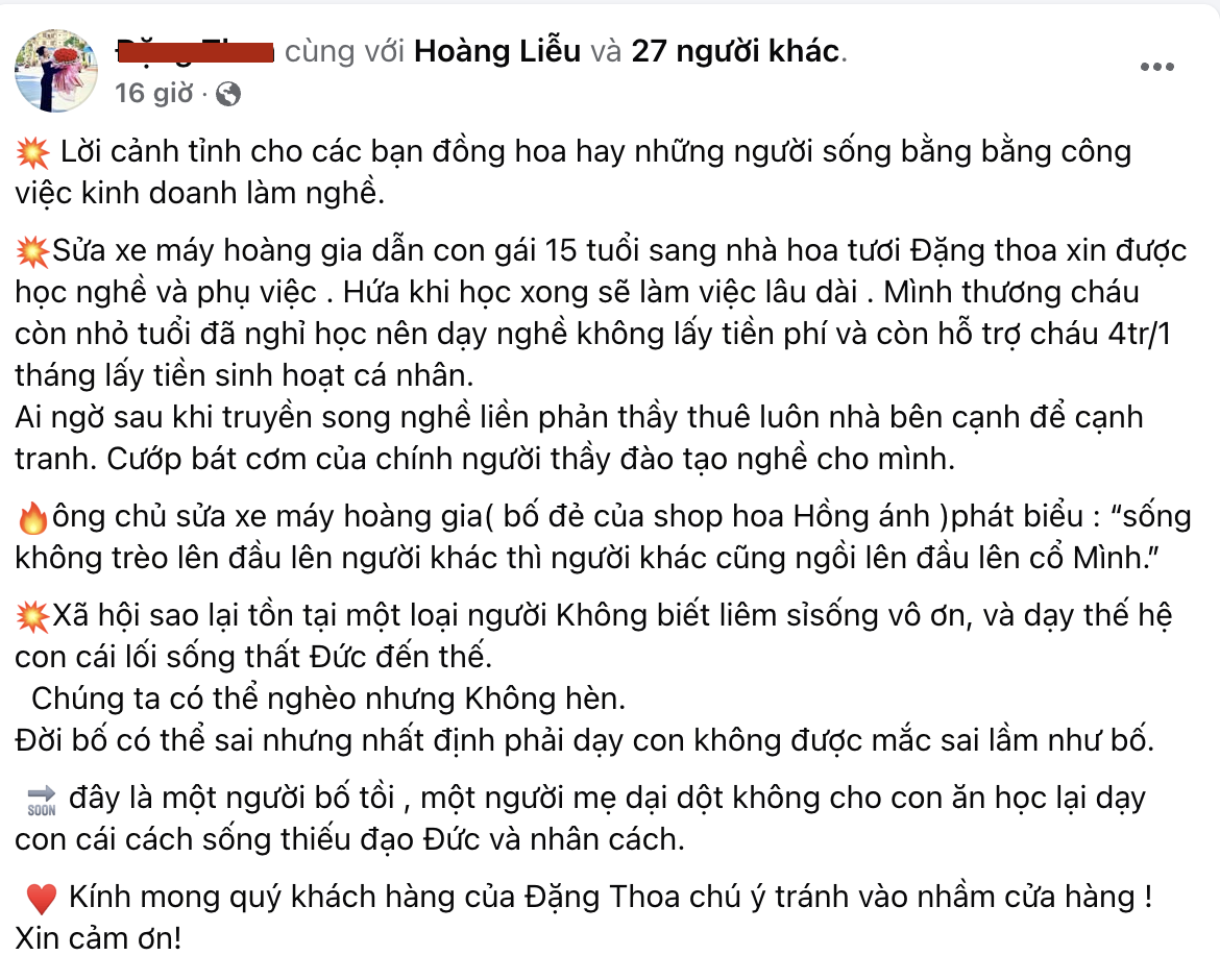 Chủ tiệm hoa ở Hạ Long ‘tố’ học trò ‘giành miếng cơm’: Vừa truyền nghề xong đã mở sát vách, cay đắng nhất là lời ông bố