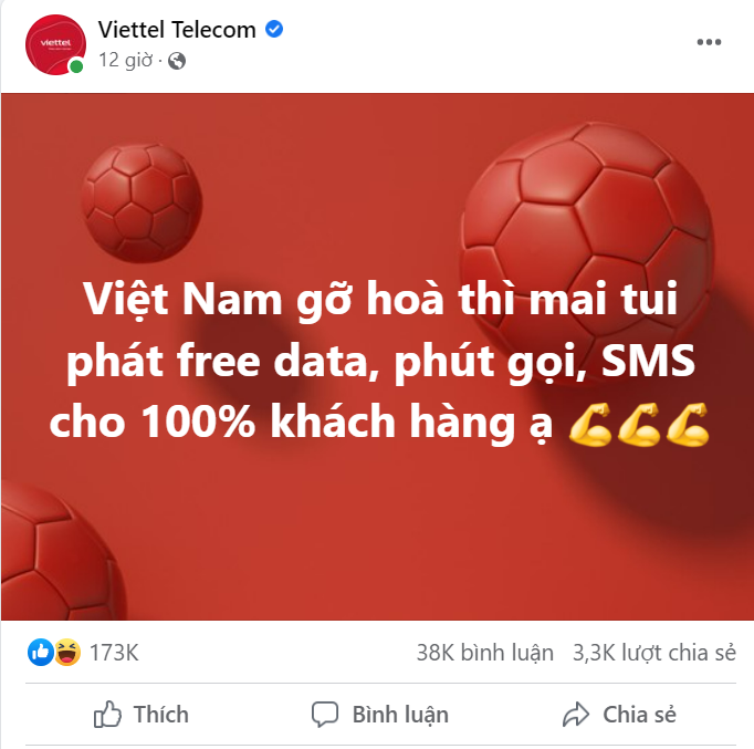 Góc uy tín: Viettel miễn phí "data, phút gọi, SMS" cho người dùng khi tuyển Việt Nam hòa Thái Lan