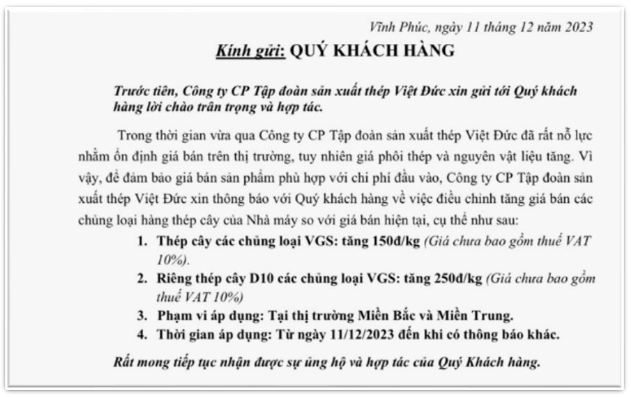 Hòa Phát, Việt Đức bất ngờ báo giá thép xây dựng tăng mạnh, hiệu lực lập tức