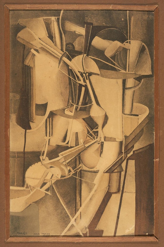07_Marcel Duchamp - La Mariée - Cô dâu - Tái tạo khuôn màu với tem thuế 5 cents, trên giấy nhăn - 1937.jpeg