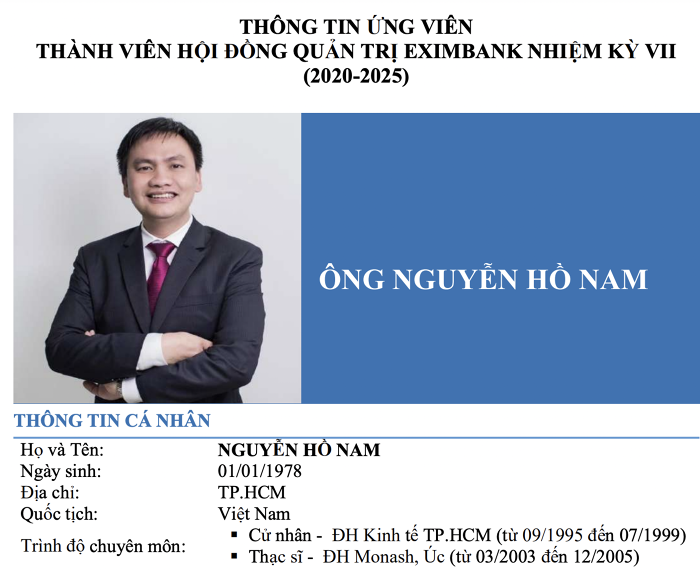 Thông tin cá nhân của ông Nguyễn Hồ Nam. Nguồn: Tài liệu ĐHĐCĐ Eximbank