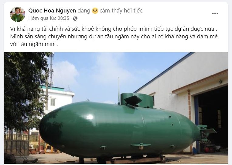 Doanh nhân là chủ dự án tàu ngầm 'made in Vietnam' thông báo muốn chuyển nhượng lại cho người 'đủ tâm huyết'