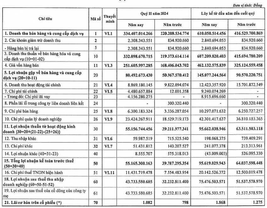 Tân binh sàn HoSE báo lãi ròng quý II/2024 tăng 36%, giá cổ phiếu ‘bay cao’ 60%