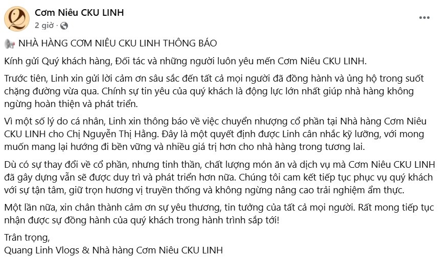 Sau họp báo xin lỗi, Quang Linh Vlogs rút khỏi nhà hàng Cơm Niêu CKU LINH