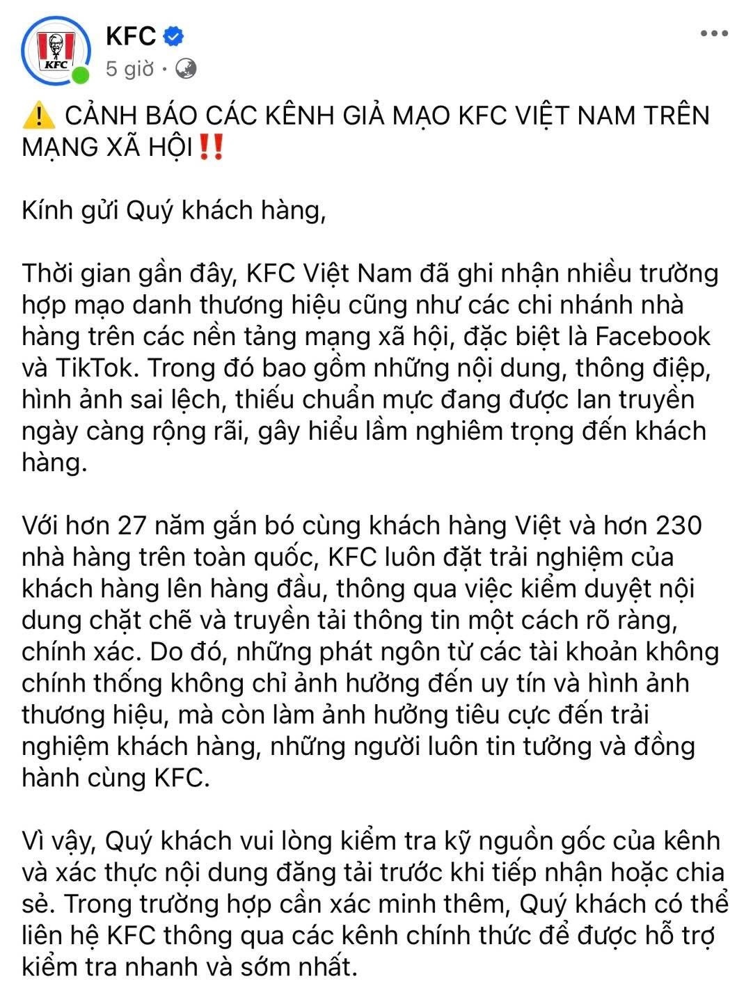 KFC Việt Nam lên tiếng cảnh báo vì bị mạo danh tràn lan