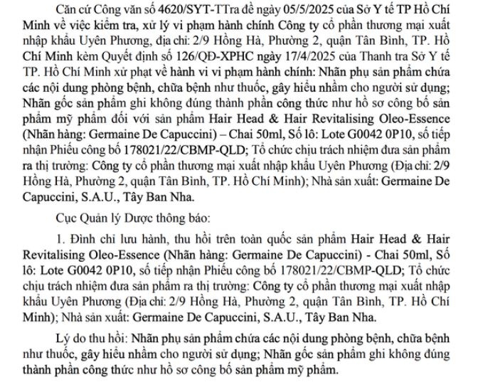 Bộ Y tế thông báo thu hồi trên toàn quốc sản phẩm dầu gội đầu quảng cáo sai lệch như thuốc chữa bệnh
