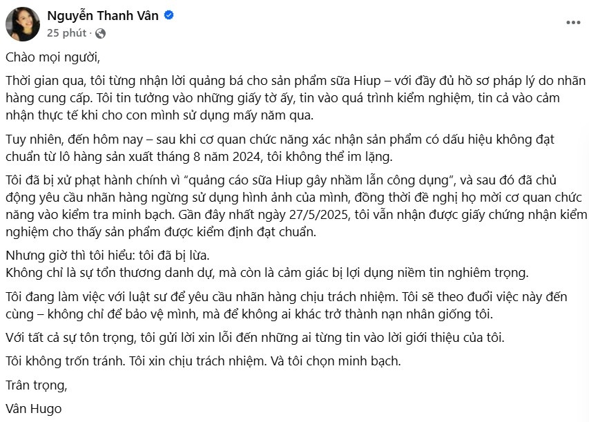 MC Vân Hugo nói bị lợi dụng vụ sữa Hiup, mời luật sư vào cuộc khi dàn lãnh đạo Z Holding bị bắt