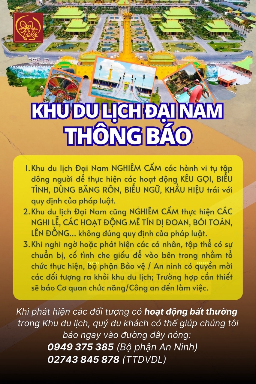 Khu du lịch Đại Nam của vợ chồng ông Dũng 'lò vôi' phát thông báo khẩn đến toàn bộ du khách