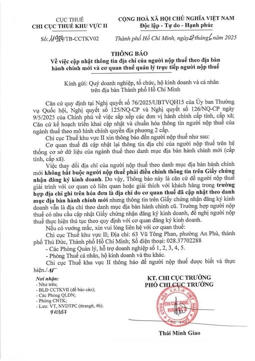 Chi cục Thuế Khu vực II phát thông báo khẩn đến người nộp thuế sau sáp nhập