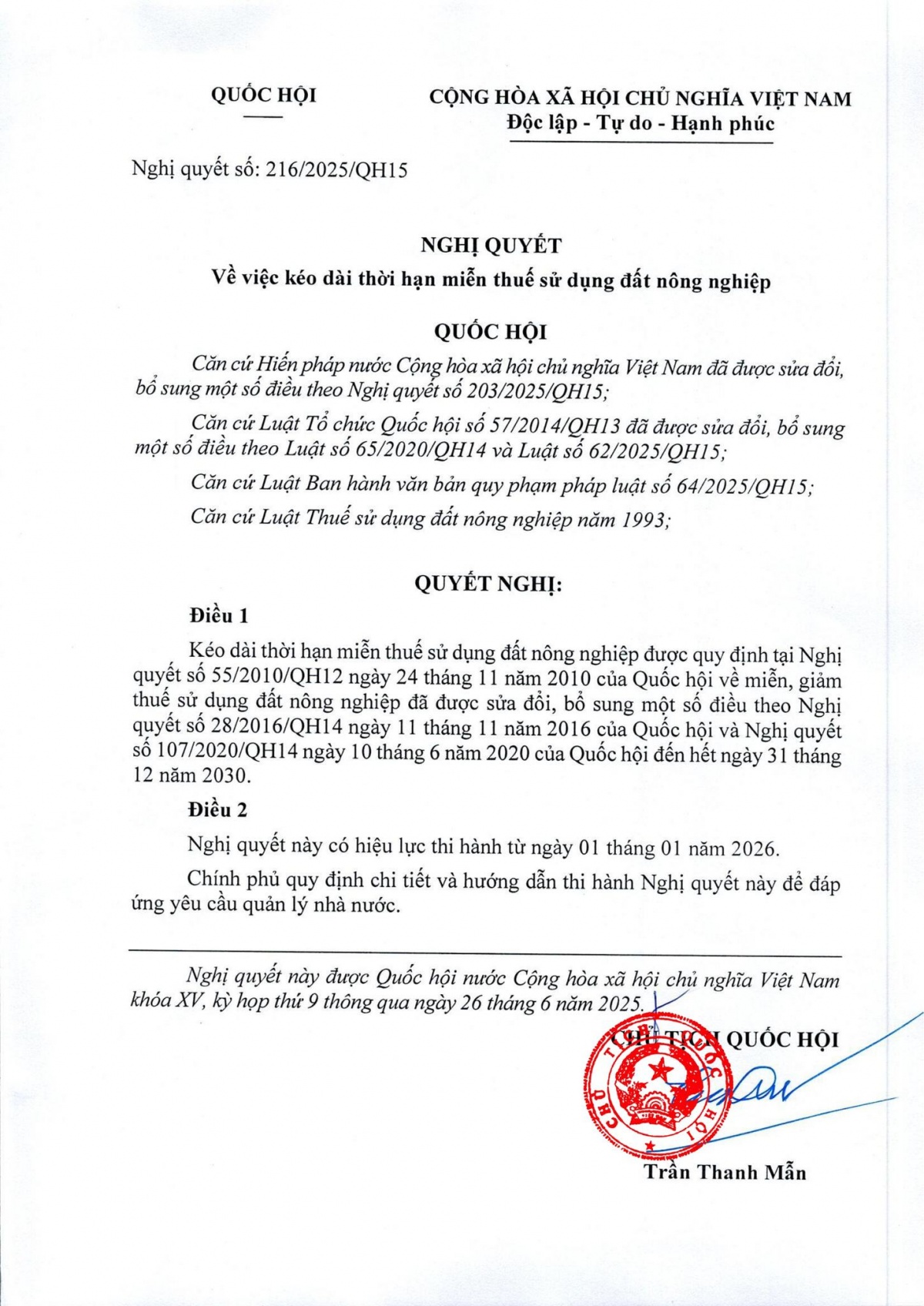 Quốc hội ‘chốt’ kéo dài thời hạn miễn thuế sử dụng đất nông nghiệp