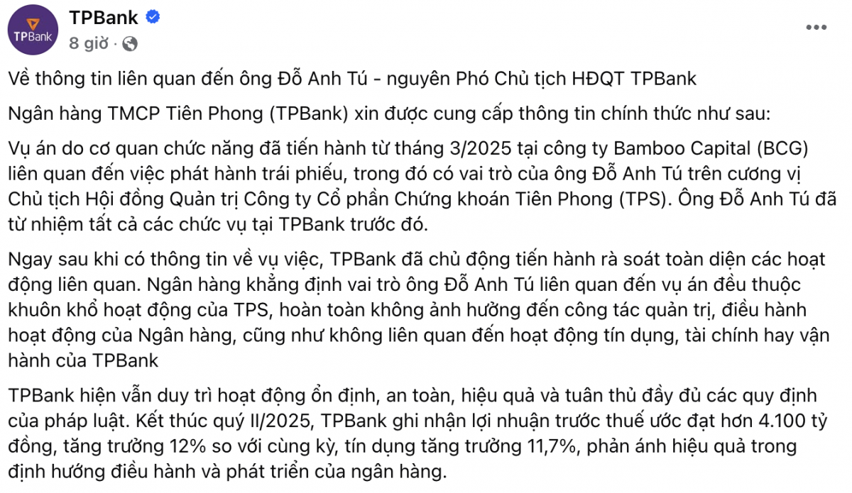 TPBank nói gì khi ông Đỗ Anh Tú bị khởi tố?
