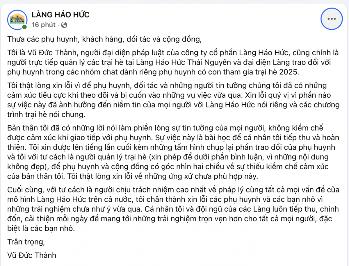 Đại diện Làng Háo Hức chính thức xin lỗi trên Fanpage, thừa nhận thiếu kiềm chế khi phản hồi phụ huynh
