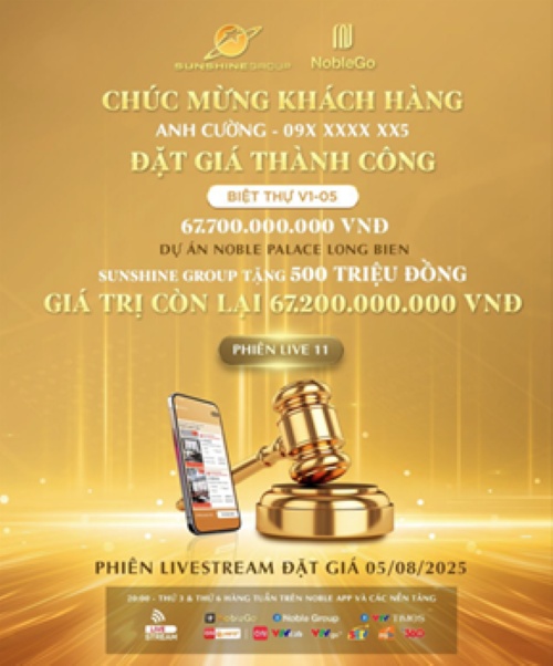 Lần đầu tiên biệt thự hàng hiệu gần 70 tỷ được đặt giá thành công trên livestream của Sunshine Group