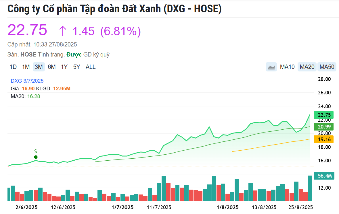Cổ phiếu DXG tăng gấp đôi chỉ sau 4 tháng, vốn hóa Đất Xanh lên cao nhất 3 năm