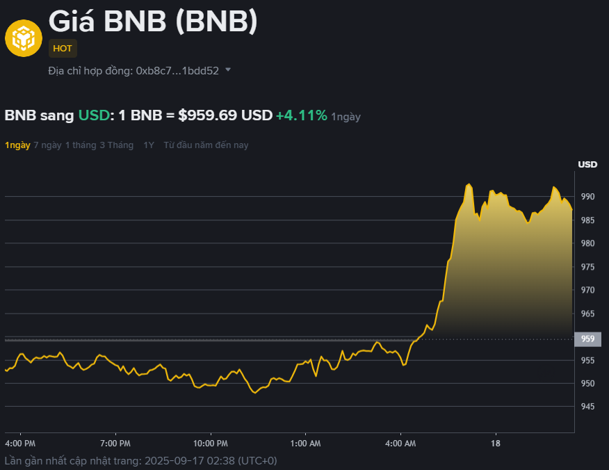 BNB thiết lập đỉnh lịch sử mới, sôi động trước cột mốc 1.000 USD